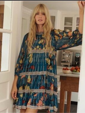 Anthropologie Verb by Palavi Singh - Georgette Teal Tiered Midi w Lurex Detail